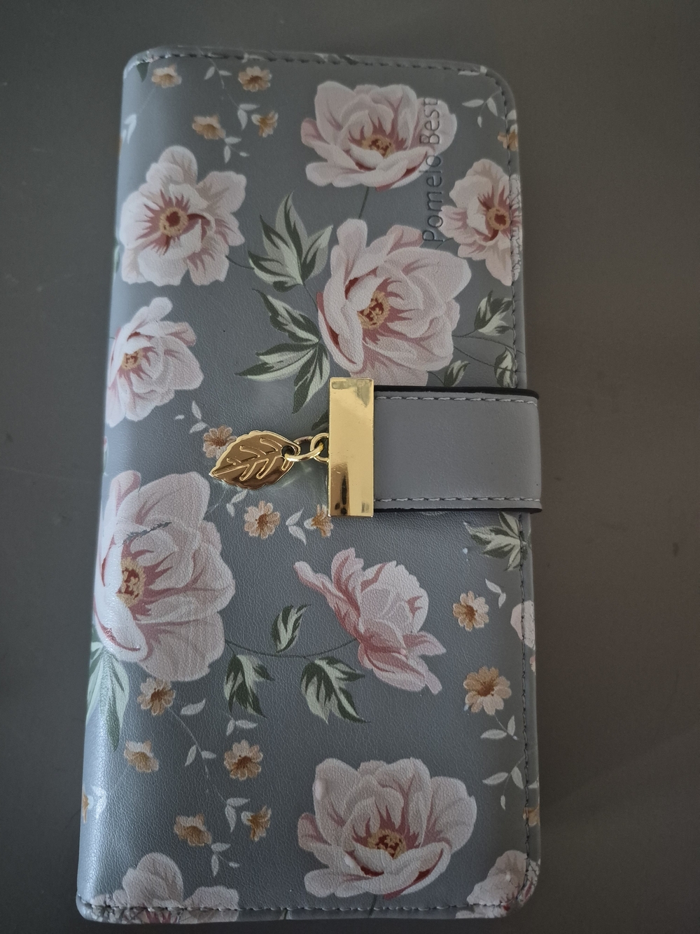 Floral Leaf Charm Phone Wallet - Gray with Pink Roses
